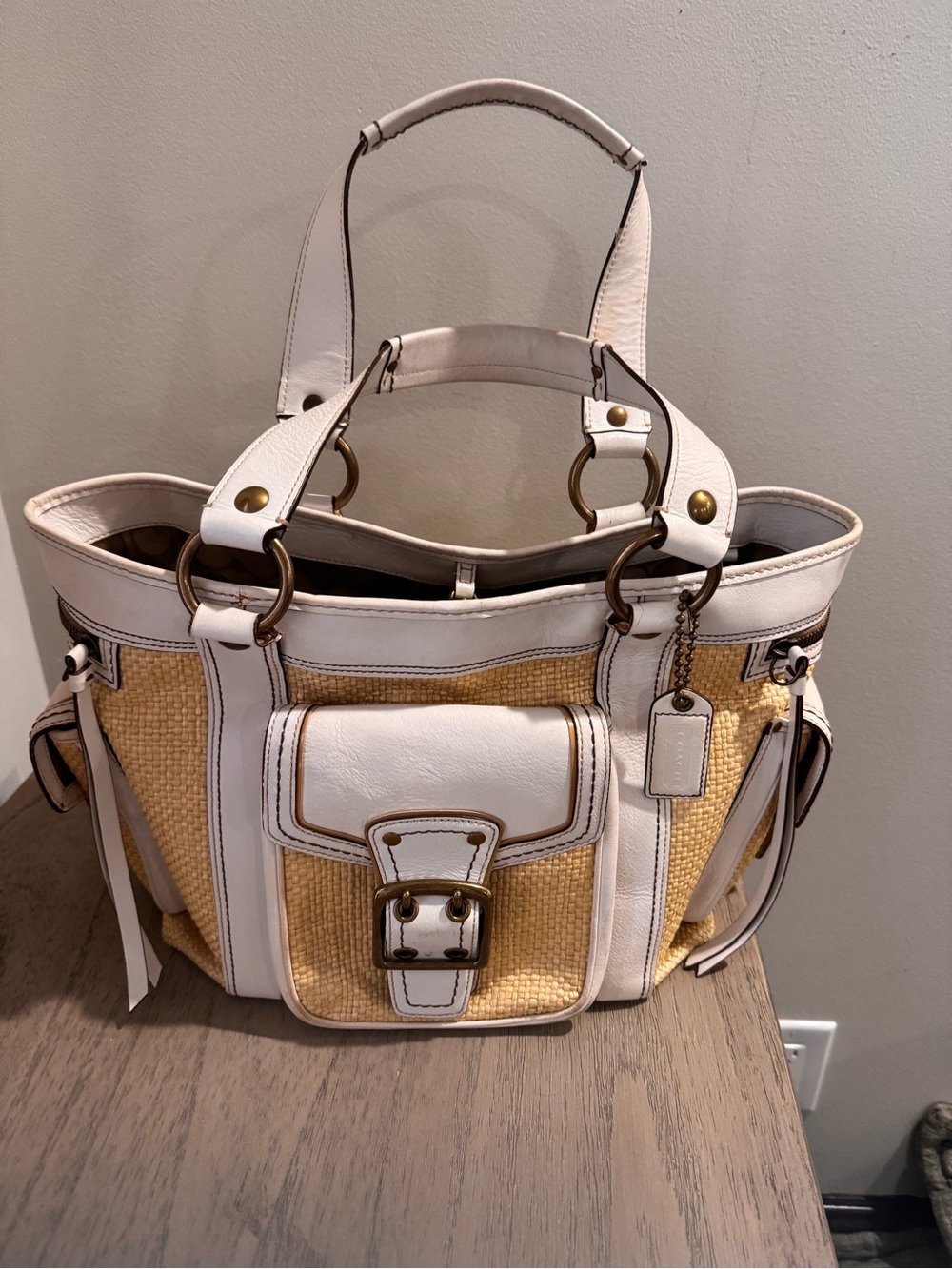 Coach White Leather & Natural Woven Tote with Buckle Pocket